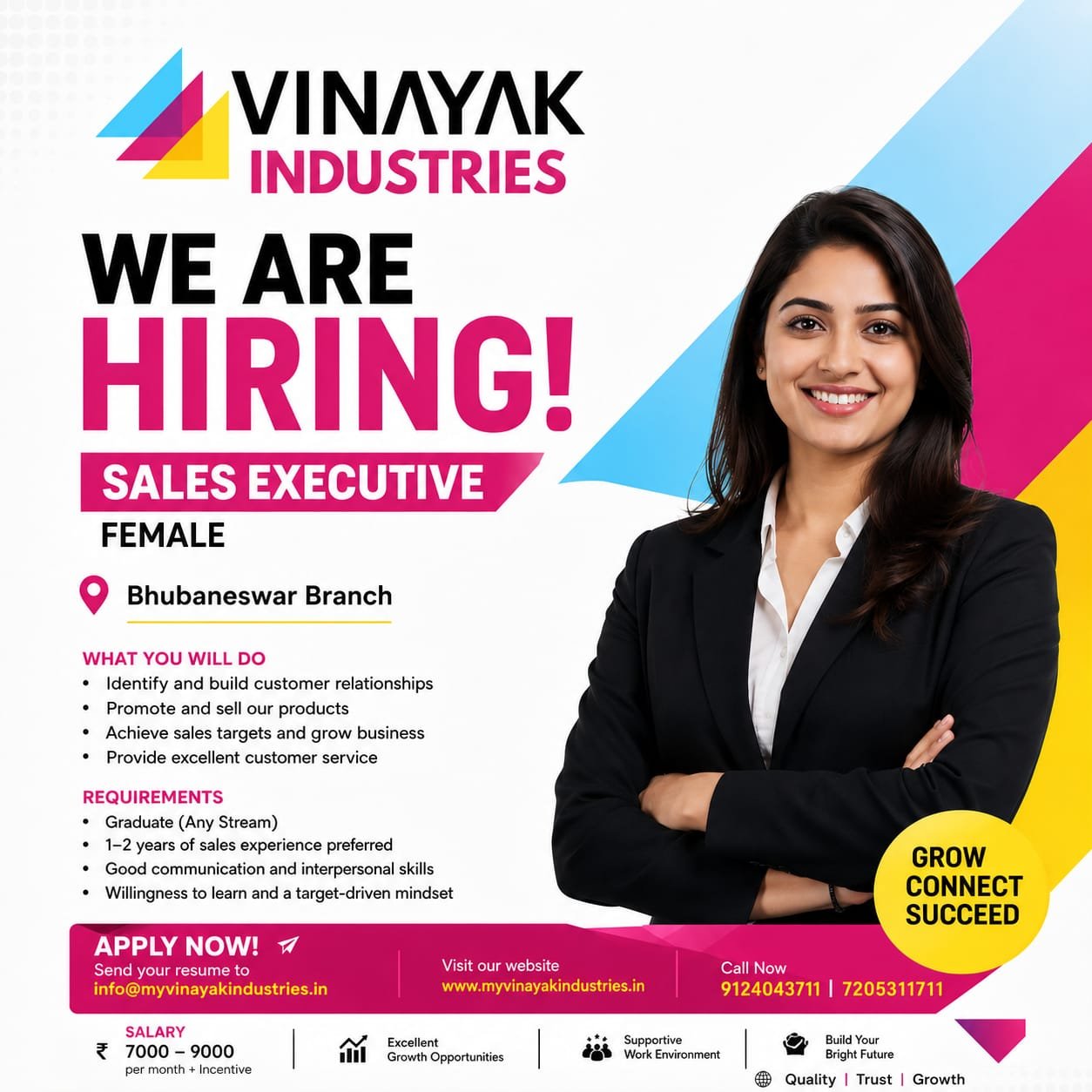 Hiring poster for female sales executive at Bhubaneswar branch