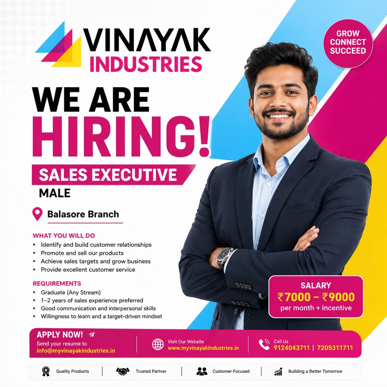 Hiring poster for male sales executive at Balasore branch